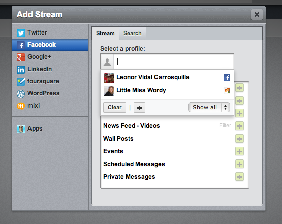 Then when you add the streams you'd like, you can choose from your profile or page.